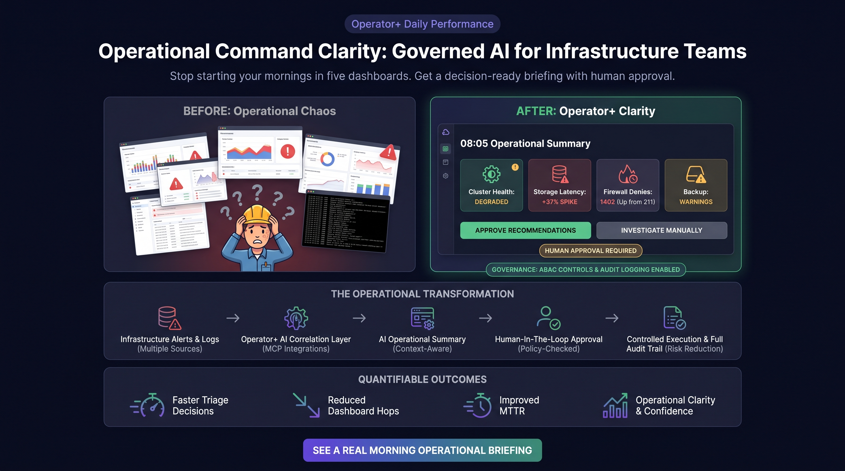 08:05 daily infrastructure summary showing findings, recommendations, and governance status