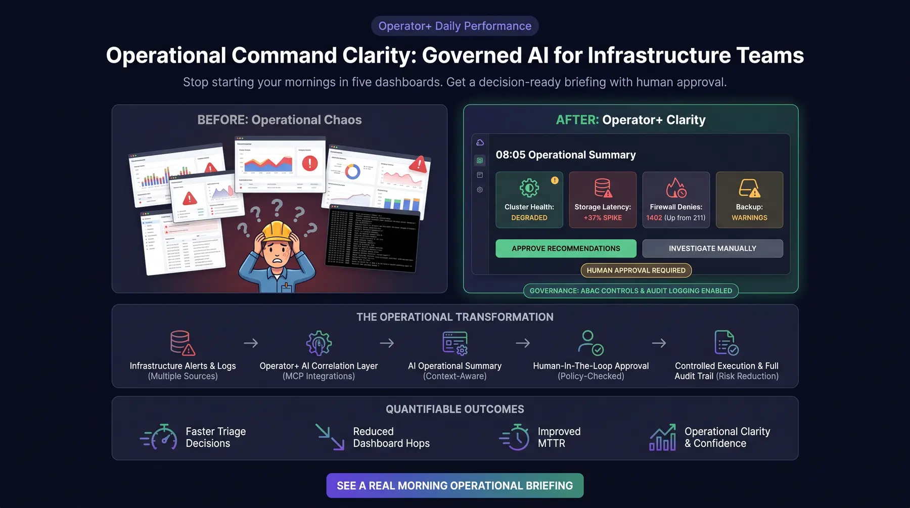 08:05 daily infrastructure summary showing findings, recommendations, and governance status